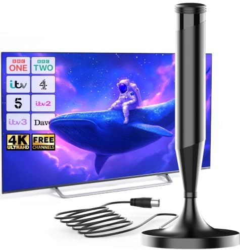 Indoor TV Aerial with Magnetic Base, Digital TV Aerial Indoor for Smart TV, Compatible with All Televisions, 360° Reception, Supports 4K 1080P HD, Compact Indoor Aerial, 5m Coaxial Cable