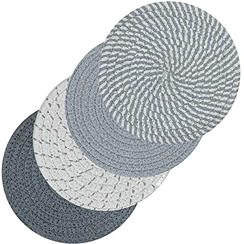 Svkiyang 4 Stück Topfuntersetzer Set Untersetzer Baumwolle Faden Weben Matte Heißer Topf Halter Topflappen,4 Farben Runde Geflochtene Untersetzer Topf Heiß Pads Löffelablage zum Kochen in Küche…