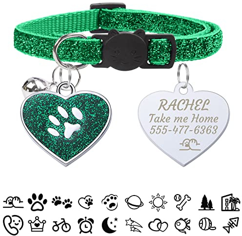 CAMAL Katzenhalsband mit Herzform Hundemarke Personalisiert, Katzenhalsband mit Namen und Telefonnummer, Katzenhalsband mit Glöckchen und Sicherheitsverschluss für Katzen und Welpen (Grün)
