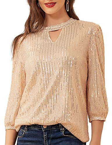 JASAMBAC Elegant Keyhole Neck Tops for Women Sparkle Sequin Tops Cocktail Party Casual Blouse Rose Gold XL