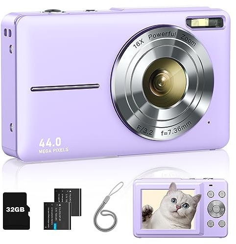 Lecran Appareil photo numérique, FHD 1080p pour enfants avec carte de 32 Go, 2 piles, cordon, zoom 16x, anti-secousses, appareil photo compact et portable 44 MP pour enfants, étudiants, adolescents