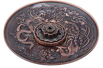 Soporte de Incienso con Patrón de Dragón de Aleación de Zinc, Inserción Extraíble con 5 Agujeros, Galvanoplastia de Color Bronce, Estilo Antiguo (Placa dragón y fénix cobre rojo)
