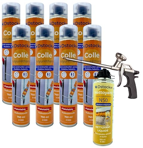DSTOCK60 - Lot de 8 colles de montage polyuréthane + 1 pistolet + 1 nettoyant mousse - Mousse polyuréthane faiblement expansive pour le collage des panneaux isolants, rouleaux de bitume, huisseries