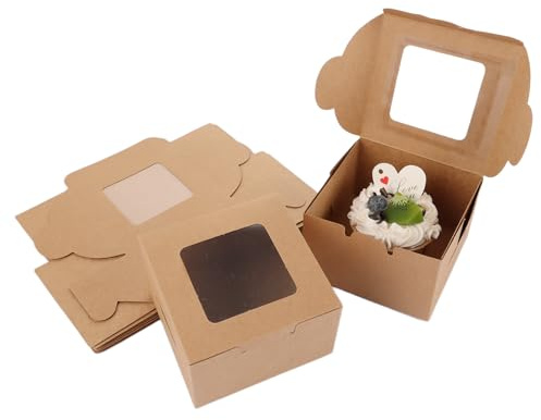 WOPPLXY 80 Stück Cupcake Box, 10 x 10 x 6cm Karton mit Sichtfenster, Braune Kraftpapier Keksschachtel für Kuchen, Kekse, Dessert, Geschenke