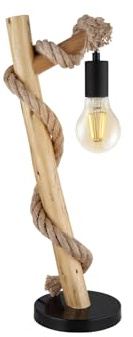 Große Tischleuchte 1-flammig mit Holzstab und Hanfseil, Höhe 53,5cm