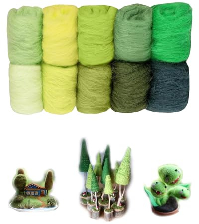 Thapncow Filzwolle-Set für Nassfilz und Trockenfilz, Feenwolle für Filzelfen und Feen, DIY-Wolle, 10 Grün