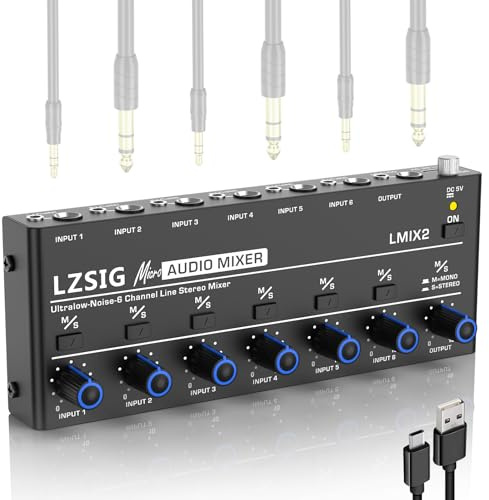 LZSIG Mini mixer audio, mixer stereo per sub-mixaggio, ultra silenzioso, 6 canali, controllo indipendente del microfono, uscita e ingresso TRS da 1/4 e 1/8, per chitarre, basso, tastiere