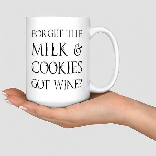 Lustige Kaffeetasse Forget The Milk & Cookies Got Wine, Teetasse, humorvolle Keramiktassen, Geschenk für Mutter, Bruder, geliebte Großeltern, 425 ml, Weiß