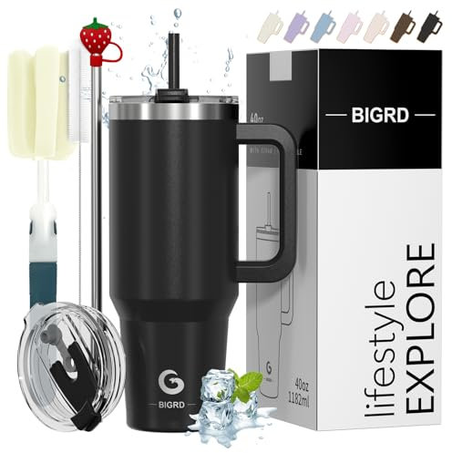 BIGRD Insulated Coffee Cup Travel Mug with Handle and Straw 40oz,Stainless Steel Double Wall Vacuum Leak Proof Water Bottle for Cold Hot 1.2L,BPA-Free,Black