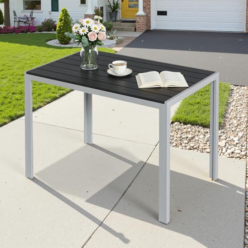 Clevich Mesa de jardín 110x70 cm de Aluminio y WPC - Tabla para balcón Resistente a la Intemperie, Calor y Condiciones climáticas para terraza y Exterior (Gris argenté + Noir)