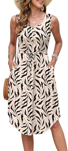 AUSELILY Vestidos Verano Mujer Vestido Playa Mujer sin Mangas con CordóN Cuello Redondo Vestido Midi hasta la Rodilla Elegante Vestido Informal con Bolsillos Hojas Albaricoque Negro M