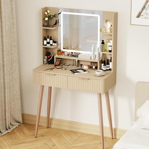 IKALIFE Dressing Table with Mirror and Lights, 3 Color Modes & Adjustable Brightness Modern Makeup Desk, Fluted Vanity Desk with 2 Drawers and 5 Storage Shelves, Bedroom Small Vanity Table