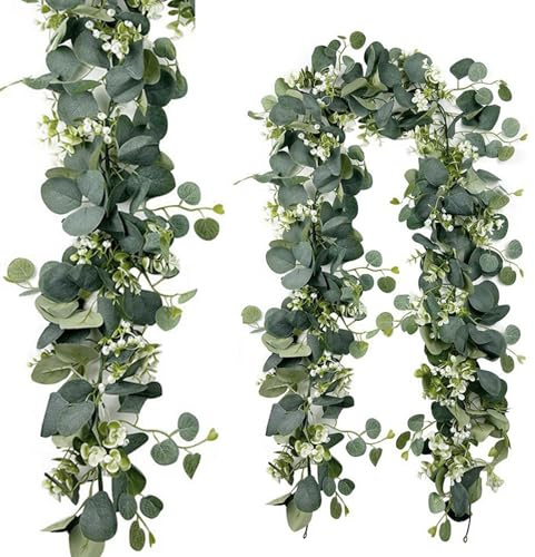 MisFun Lot de 2 guirlandes d'eucalyptus - Décoration d'eucalyptus - 1,8 m - Feuilles vertes - Guirlande artificielle - Plante avec fleurs blanches - Pour bouquet de mariage, fleur, décoration