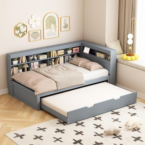 xixiworkshop Kinderbett 90x200cm Ausziehbett Bett mit Stauraum und Mehreren Ablagefächern multifunktionales Jugendbett/Gästebett/Doppelbett mit Stauschrank Lattenrost,Ohne Matratze,Grau