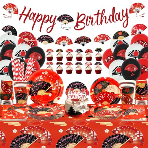 Folding Fans Party Supplies, Hibachi Japanese Party Decorations - Happy Birthday Banner, Cake Toppers, Tableware, Tablecloth and Balloons for Chinese Japanese Fans Parties, Serves 20
