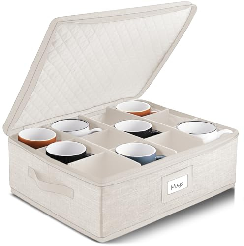Hearth & Harbor Coffee Mug Storage, Quilted and Stackable Coffee Cup Storage Organizer for Service of 12, Mug Storage Box with Dividers, China Containers Hard Shell for Moving and Organization, Cream