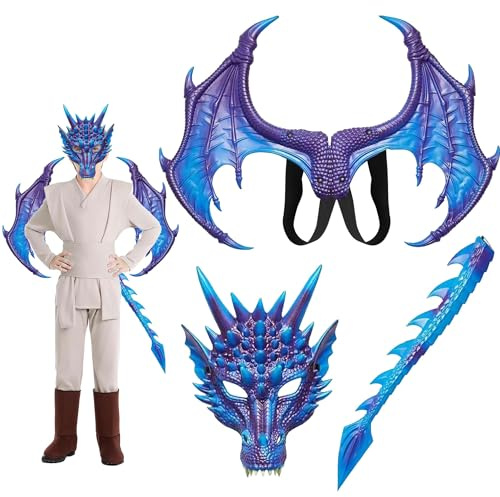 Taechalingo Drachenkostüm, Drachenflügel Schwanz Masken Set, Drachenflügel, Halloween Drachen Maske, Dinosaurier Cosplay Set für Jungen, Mädchen, Halloween Party, Karneval