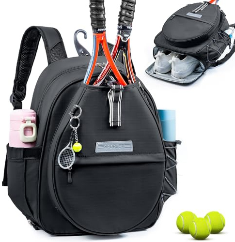 SPORJET Tennis Bag with Shoe Compartment, Tennis Backpack for 2 Rackets, Water-Resistant PU Leather Racket Bag for Women & Men, Sports Backpack for Tennis, Pickleball & Badminton Gifts