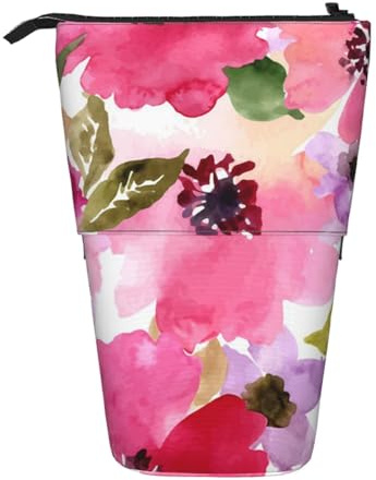 YXDVPALNE Aquarell Blumen Rosa Fuchsie, Teleskop-Federmäppchen, Ständer-Federmäppchen mit Reißverschluss-Stiftetasche