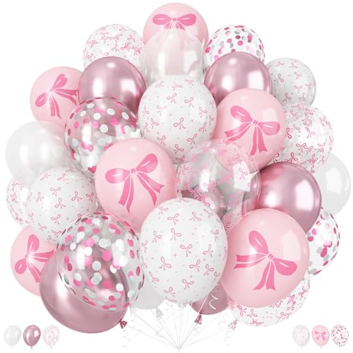 Palloncini con fiocco rosa, 60 palloncini da 30,5 cm rosa chiaro bianco perla, palloncini stampati con fiocco, palloncini metallizzati per ragazze, donne, principessa, compleanno, baby shower, addio