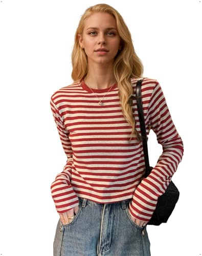 EMOTTOS Damen Gestreiftes Crop Top, Slim Fit Langarm Ringelshirt Oberteil, Y2K Enger Rundhalsausschnitt T-Shirt Casual Niedliches Outfit Frauen Ausgehen Herbst Winter Tee Tops, Rot, XL