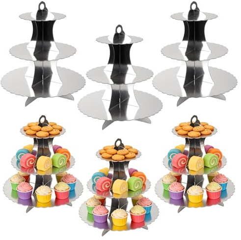 YIXNSW 6 stycken tårtställ 3 våningar, 30 x 30 x 34 cm silverkransar, tårtställ av kartong, cupcake-stativ för bröllop, födelsedag, fest