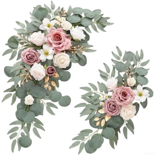 Matrimonio per cerimonia e ricevimento, decorazione floreale con festone di fiori finti in seta, schiuma e plastica, set da due pezzi (rosa cenere)