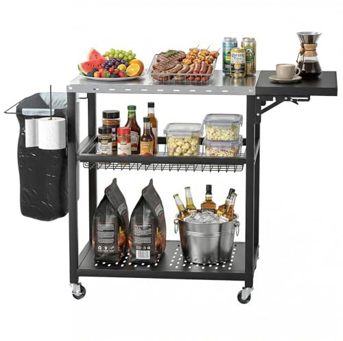 Yvsevnr 3-Tier BBQ Table with Stainless Steel Top, Movable Food Prep Table with Outdoor Pizza Oven Stand, Outdoor Grill Dining Cart for Party Home Gathering Picnic