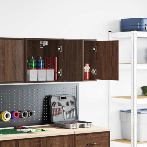 LKJVFCPW Lot de 2 armoires murales de garage - Armoire murale d'atelier - Marron - Aspect chêne - Étagère murale de rangement pour outils