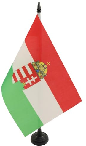 AZ FLAG - Tischflagge Ungarn Mit Waffen - 21x14 cm - Ungarische Tischfahne 14 x 21 Cm - Flaggen | Für innen Ungarische Tischflagge genähte Ausführung mit verstärkten Kanten mit Kunststoffstab 100D Polyester