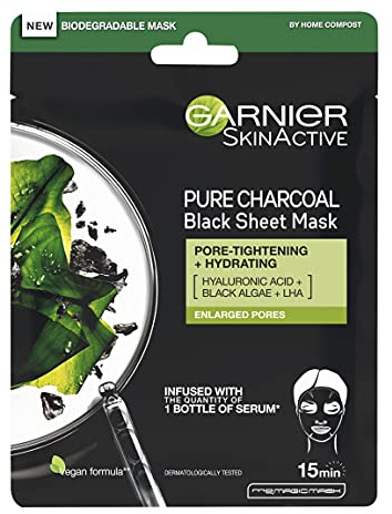 Garnier Pure Charcoal and Algae Sheet Mask, Purifying and Hydrating Face Mask With Hyaluronic Acid, LHA & Black Algae, Tightens Enlarged Pores & Purifies Skin, Vegan Tissue Mask, 28g