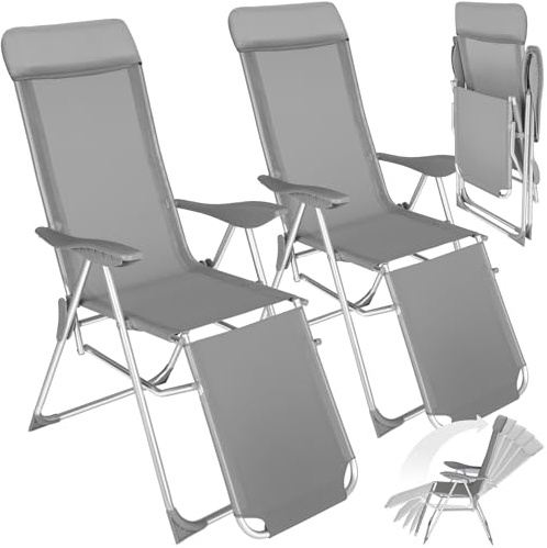 tectake® Set di 2 Sedia a Sdraio Pieghevoli, Telaio in Alluminio, Lettini Prendisole, Poltrone con Schienale Regolabile 5 Posizioni e Poggiapiedi, Poggiatesta Imbottito Portata Max 120 kg - Grigio
