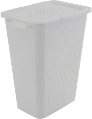 SUNDIS Pixel, cesto de ropa con tapa, 50L de capacidad, plástico reciclado, blanco roto, 2 asas laterales y 1 asa debajo, ventilación en los 4 lados