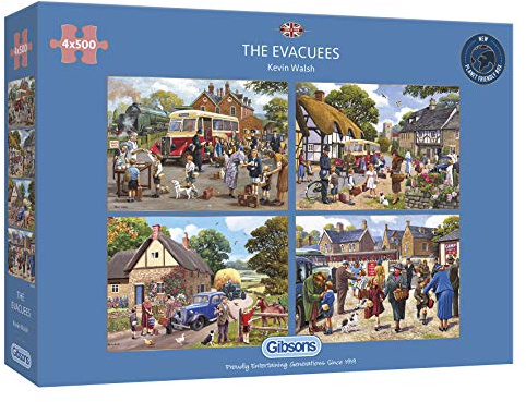 Gibsons The Evacuees 4 x 500 Piece Jigsaw Puzzle Set – Nostalgic WW2 Countryside Scenes by Kevin Walsh – Multi-Box Puzzle Collection for Adults – Sustainable Premium Quality Gift