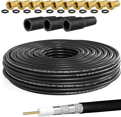 HB-DIGITAL 20m Koaxialkabel SAT HQ135 PRO inkl. 3x Gummitüllen + 10x F-Stecker vergoldet GRATIS dazu | Satellit Antennenkabel 4-Fach geschirmt | für DVB-S/S2 DVB-C/C2 DVB-T/T2 DAB+Radio BK Anlagen