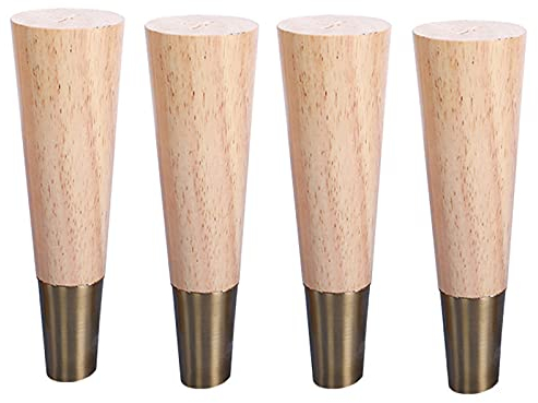 4 Stück Holz Tischbeine,Massivholz Schräg Konisch Ersatz Möbelfüße Möbelbeine,mit Gold Messing Abdeckung & Montageplatten & Schrauben für Sofa Bett Schrank(Color:natural,Size: 10cm/3.93in)