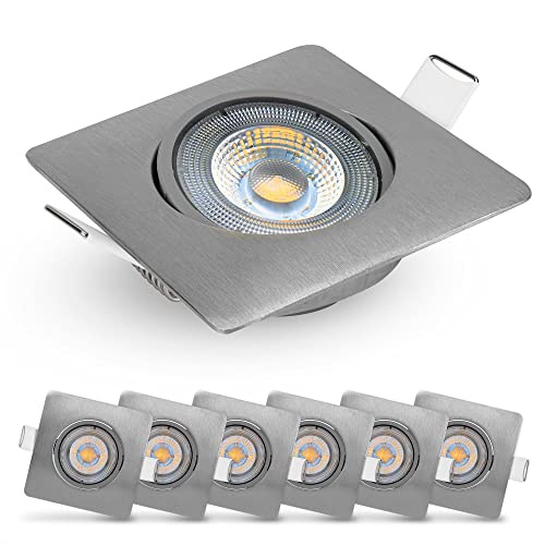 EMOS LED Einbaustrahler 230V, 5W / 450lm, 50° schwenkbar, Deckenspots warmweiß 3000k | Einbaustrahler Spot flach 68mm Lochmaß | Set mit 6 Stück LED Spots 230V, Einbauleuchten eckig (Farbe silber)