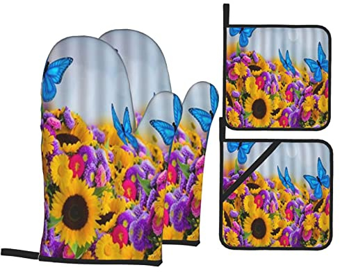 Manoplas de horno y soportes para ollas, juegos de 4, flor de girasol, crisantemo, margarita, dalia, mariposas, paisaje natural de primavera, almohadillas calientes resistentes con guantes de barbacoa