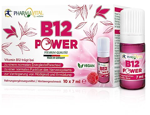 PharmaVital Vegan B12 Power Trinkampullen mit Vitamin B12 unterstützt den Energiestoffwechsel, Nervensystem, hilft gegen Müdigkeit – 10 shots – 25µg Vitamin B12 pro Tagesdosis in Himbeergeschmack