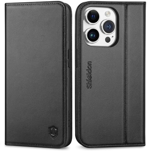 SHIELDON Echtleder Hülle für iPhone 15 Pro 6,1 2023 5G, Schwarz | Kartenfach, Standfunktion, RFID Blocker, Klappbare Schutzhülle, Magnet Lederhülle, Stoßfeste Handyhülle, Telefon Cover