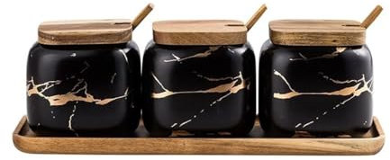 PIPONS Azucareros Juego De Recipientes De Cerámica para Condimentos con Cuchara Y Tapa De Bambú, Azucarero, Olla para Condimentos, Hogar Ollas de Condimentos (Color : Siyah)