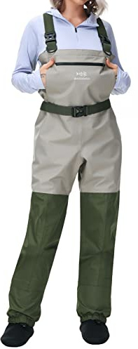 BASSDASH IMMERSE Women’s Breathable Stocking Foot Fishing Waders Waterproof Lightweight Chest Wader, Light Tan/Green, X-Large 6-7