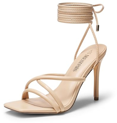 DREAM PAIRS Heels for Women Strappy High Stiletto Lace Up Heeled Sandals Square Open Toe Heels for Prom Party Dating,Size 5,Nude-Pu,SDHS2478W