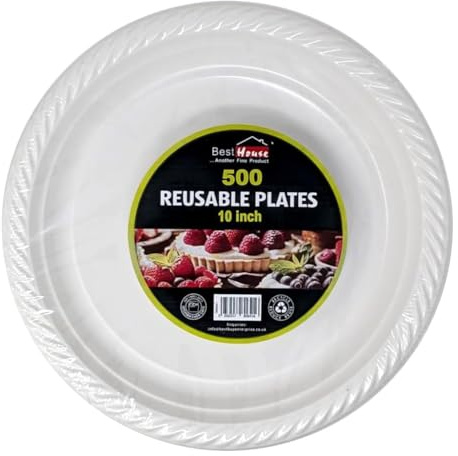 BH | 500 Pcs White Dinner Plates | 10 Inch | Reusable & Washable Heavy Duty Dinnerware | Microwave Safe Crockery for Birthday Parties, Catering, Camping & Everyday Use - By Best House