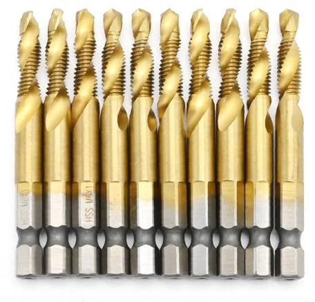 Ollanoos 10 Pcs 1/4 Drill Tap Bits Set M6, Metric Thread Fast Cut Spiral Drill Bit Set Thread ScrewHSS Hex Shank