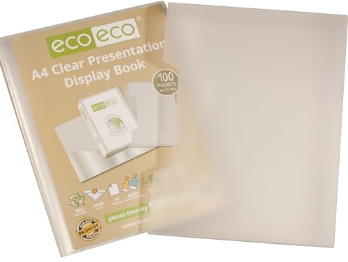 eco-eco A4 storlek 50% återvunnen 100 fickor klar presentationsbok, förvaringsfodral, portfölj, konstmapp med plasthylsor med klar displaybox, eco152