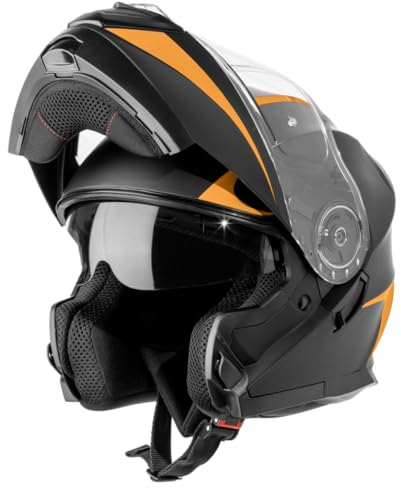 VINZ Busan Klapphelm mit Sonnenblende | ECE 22.06 & PINLOCK vorbereitet | Motorrad Helm Integralhelm | Motorradhelm Klappbar | In Gr. XS-XXL | Erhältlich Orange