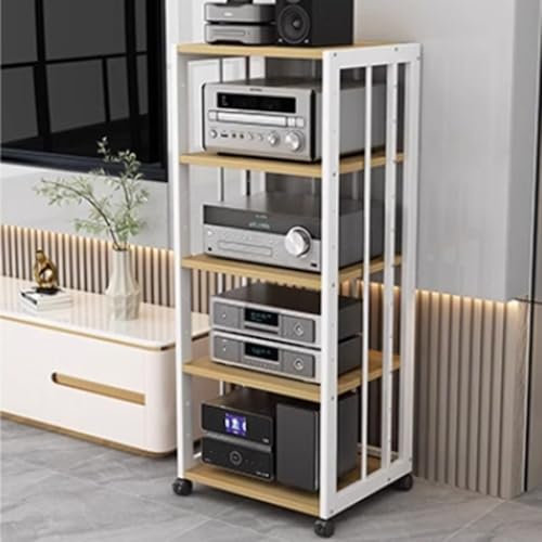 ZIUSFAC Audio Meuble Rack HiFi Appareils DAC Armoire De Composants Support AV Media Meuble Chaine 2/3/4/5 Couches Tour De Support Audio avec Étagères Réglable - Blanc(White+Walnut,5 Tier)
