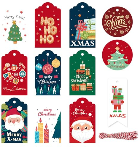 48 Geschenkanhänger, 12 Designs Muster mit Kordel für Deko und Geschenke, Weihnachtskarten