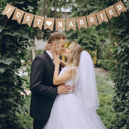 FUIPVGI Just Married Hochzeitsbanner, Hochzeit Ammer Banner, Wiederverwendbares Vintage Leinen Banner für Party, Hochzeit, Braut Shower, Engagement Auto Dekoration (Braun)